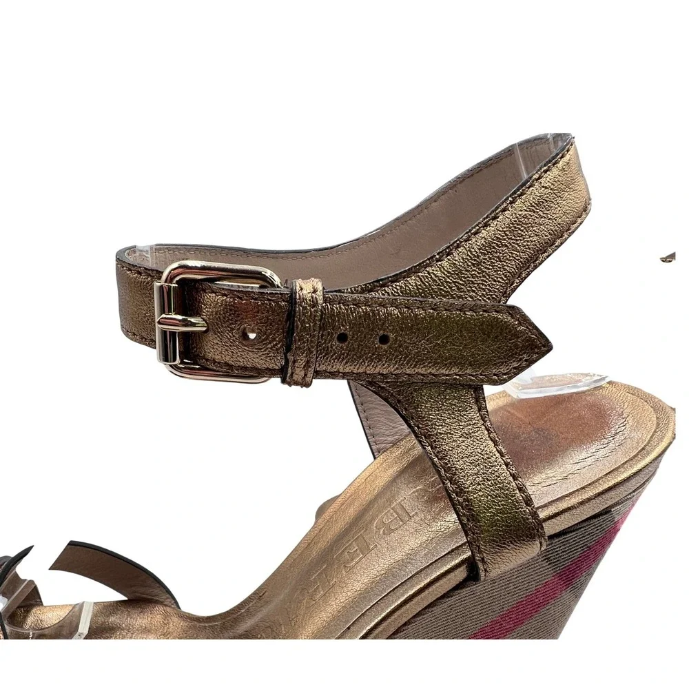 Burberry Wedge Sandals Womens 37.5 Bronze Good House Check Metallic Strappy Heel